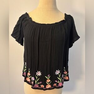 Flowy Black Top with Floral Embroidery